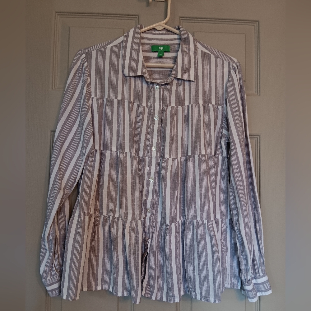 Dip Viscose Blend Tiered Button Down Shirt - Gray/White - Size Small